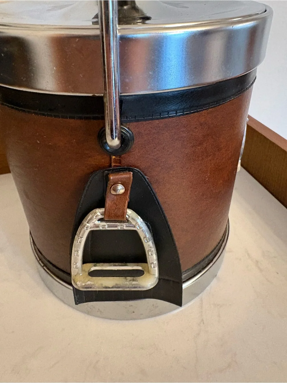 Vintage Equestrian Polo Faux Leather Ice Bucket with Horse Head Lid